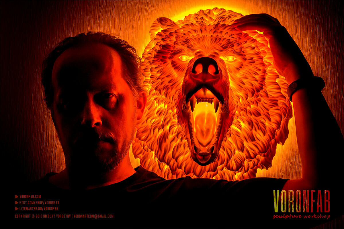 Медведь скульптура настенная, голова животного, светильник ночник