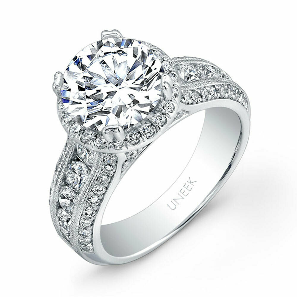 14k White Gold Round Diamond Wide-Band Halo Engagement Ring with Milgrain  Accents and Three-Row Channel- and Pave-Set Melees