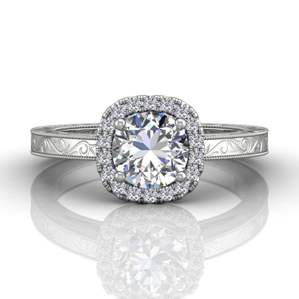 18k White Gold Solitaire Hand Engraved Engagement Ring