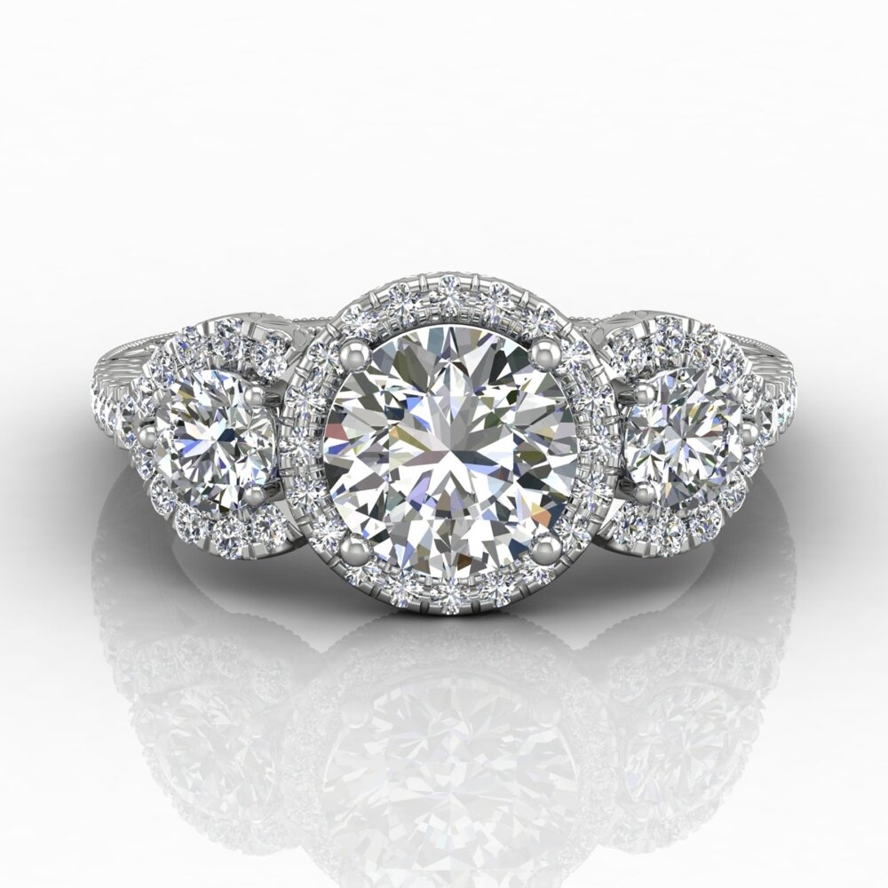 18k White Gold Three Stone Halo Engagement Ring