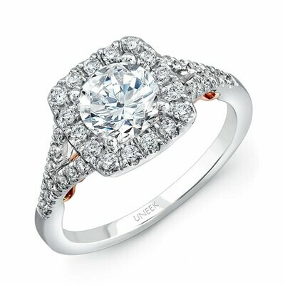 14k White Gold Cancelli Round Diamond Engagement Ring with Cushion-Shaped Halo and Pave Split Shank
