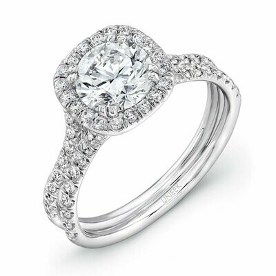 14k White Gold Round Diamond Engagement Ring with Cushion-Shaped Halo and Pave Double Shank