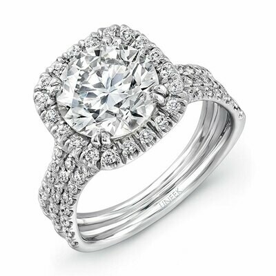 14k White Gold Round Diamond Engagement Ring with Cushion-Shaped Halo and Pave Triple Shank