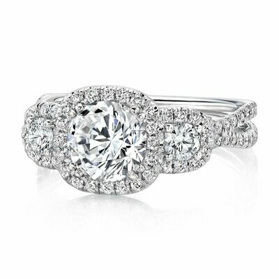14k White Gold Three-Stone Cushion-Shaped Halos Engagement Ring