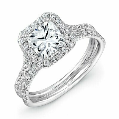 14k White Gold Princess-Cut Diamond Halo Engagement Ring with Pave Double Shank