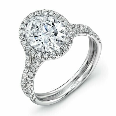 14k White Gold Oval Diamond Halo Engagement Ring with Pave Double Shank