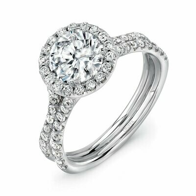 14k White Gold Round Diamond Halo Engagement Ring with Pave Double Shank