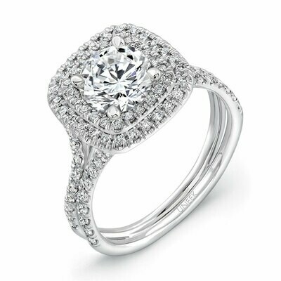 14k White Gold Round Diamond Engagement Ring with Cushion-Shaped Double Halo and Pave Double Shank