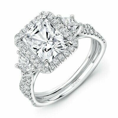 14k White Gold Radiant-Center Three-Stone Engagement Ring with Pave Double Shank