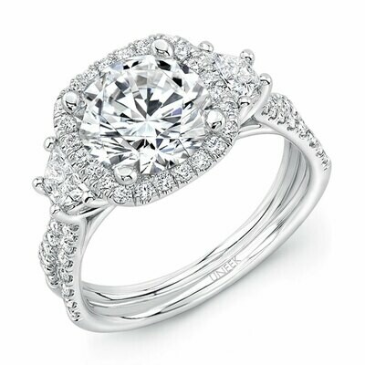 14k White Gold Three-Stone Engagement Ring with Round Center on Cushion-Shaped Halo and Pave Double Shank