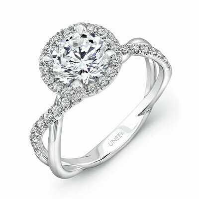 14k White Gold Round Diamond Halo Engagement Ring with Infinity-Style Crisscross Shank