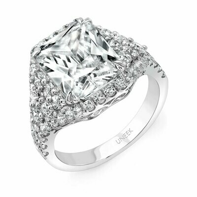White Gold 4-Carat Radiant-Cut Diamond Three-Stone Illusion Engagement Ring with Trillian-Shaped Side Clusters