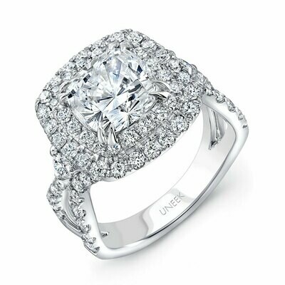 18k White Gold Cushion-Cut Diamond Pave Double Halo Engagement Ring with Ribbon-Style Shank