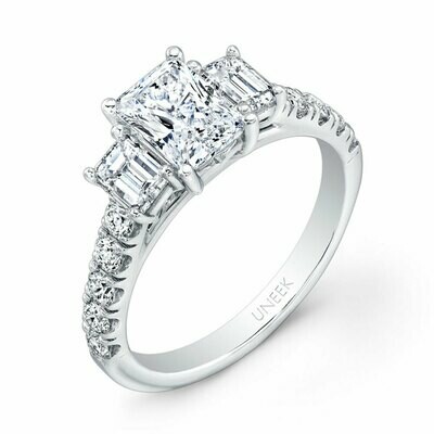 14k White Gold Emerald-Cut Diamond Three-Stone Engagement Ring with Pave Upper Shank