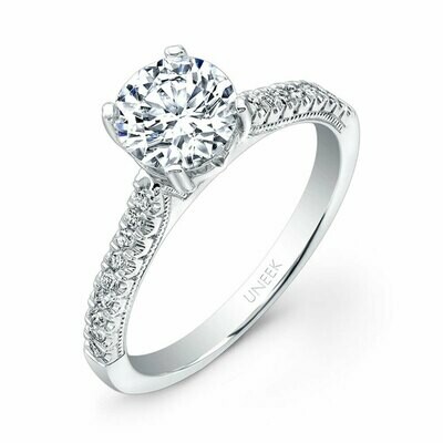 14k White Gold Round Diamond Solitaire Engagement Ring with U-Pave Upper Shank and Milgrain Accents