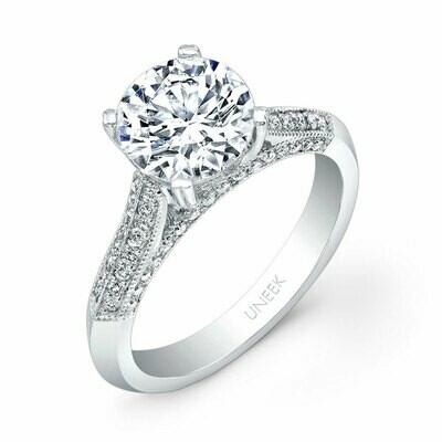 14k White Gold Round Diamond Solitaire Engagement Ring with Four-Sided Micropave Upper Shank and Milgrain Edging