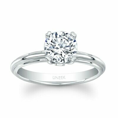 14k White Gold Classic Round Diamond Solitaire Engagement Ring with Sleek, Stoneless Unity Tri-Fluted Shank and Two Surprise Diamonds