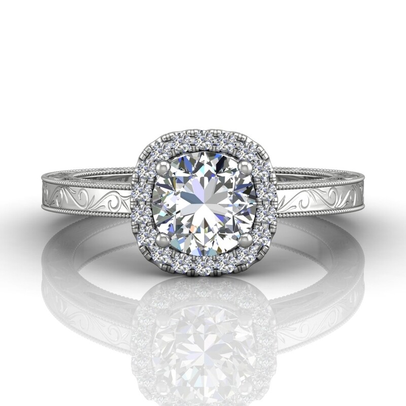 18k White Gold Solitaire Hand Engraved Engagement Ring