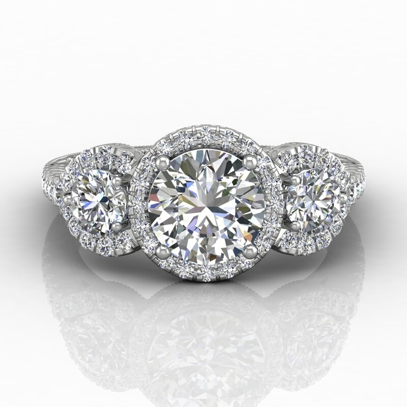 18k White Gold Three Stone Halo Engagement Ring