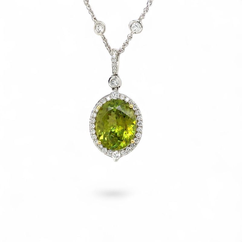 Oval Sphene Pendant with Pave Frame. One of  a Kind