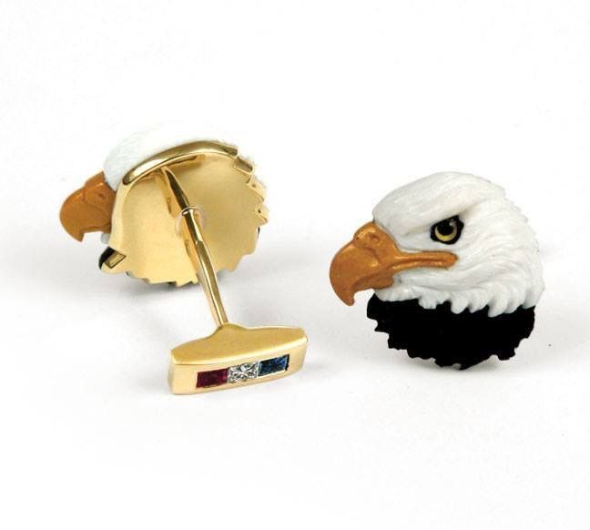 Carved Eagle Head Cuff Links with Sapphire, Ruby and Diamond Combination