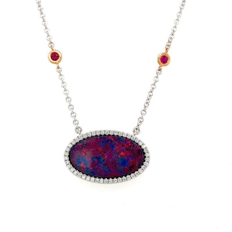 Black Opal Doublet with Micro Pave Frame and Ruby and Sapphire Chain
