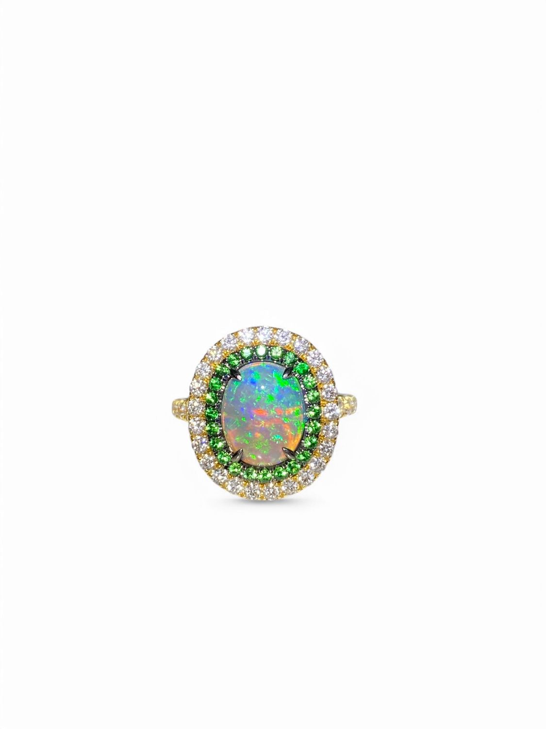 Australian Black Opal Ring with Tsavorite Garnets and Diamonds