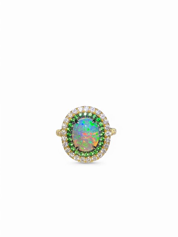 Australian Black Opal Ring with Tsavorite Garnets and Diamonds