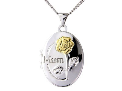 Sterling Silver 9ct Yellow Oval Mum Locket with chain