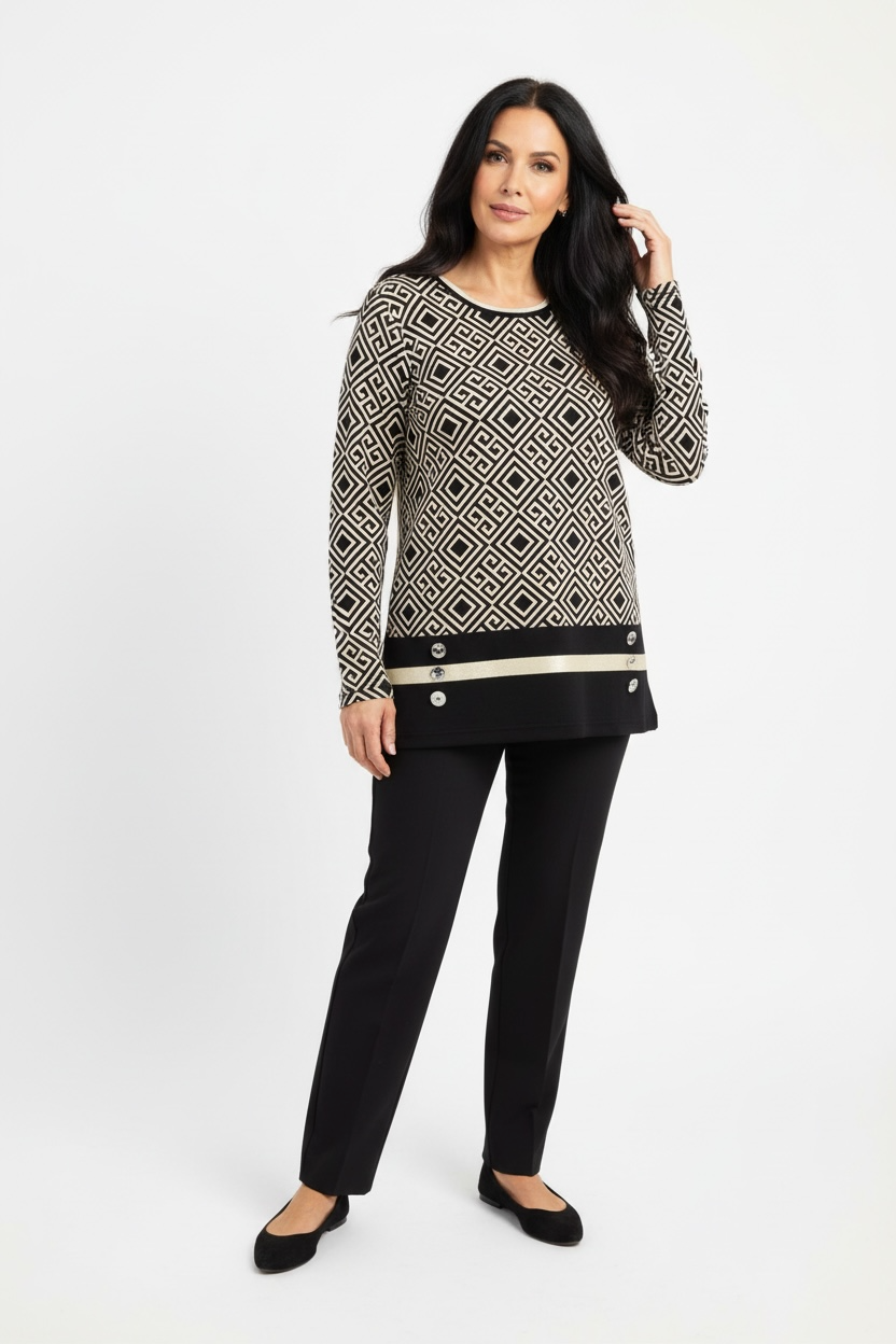 Elegantna majica z zlatimi detajli (vzorec karo)