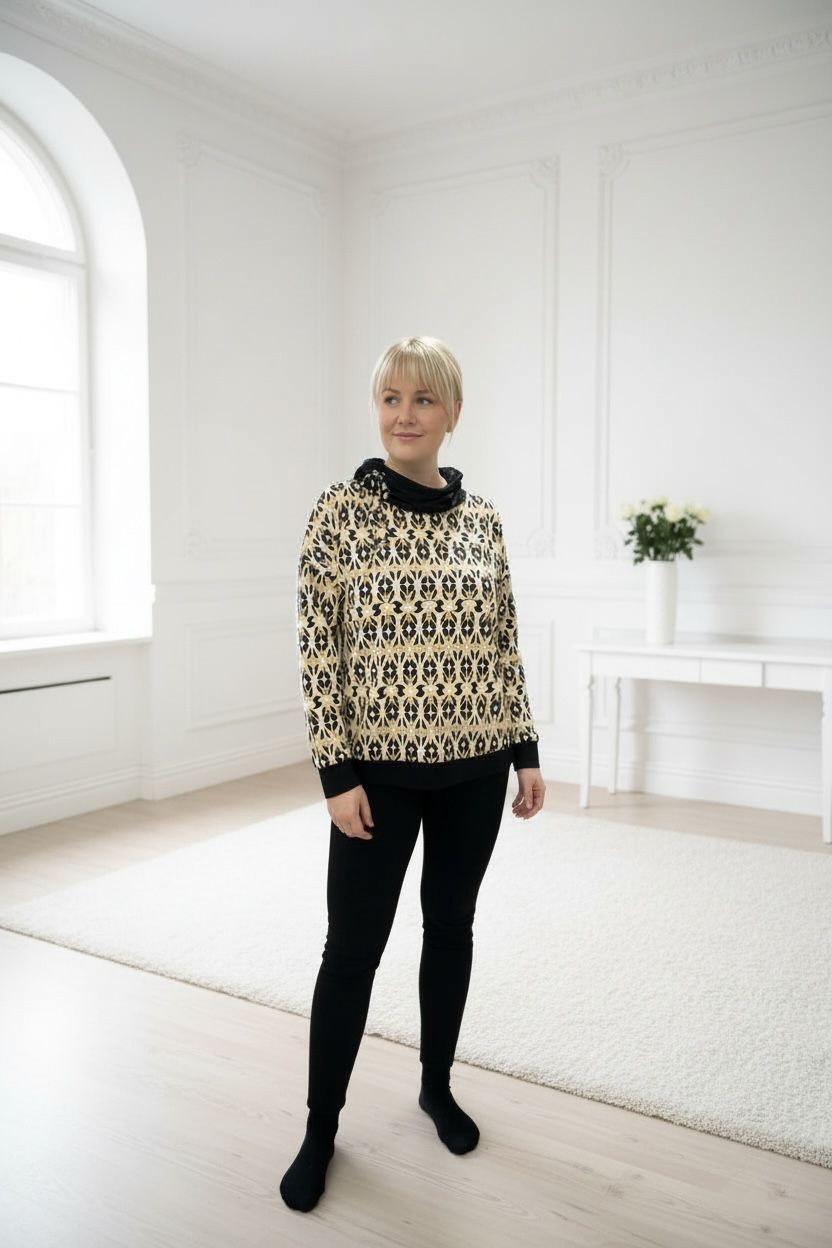 Elegantna majica z ovratnikom-kapuco (vzorec roža)