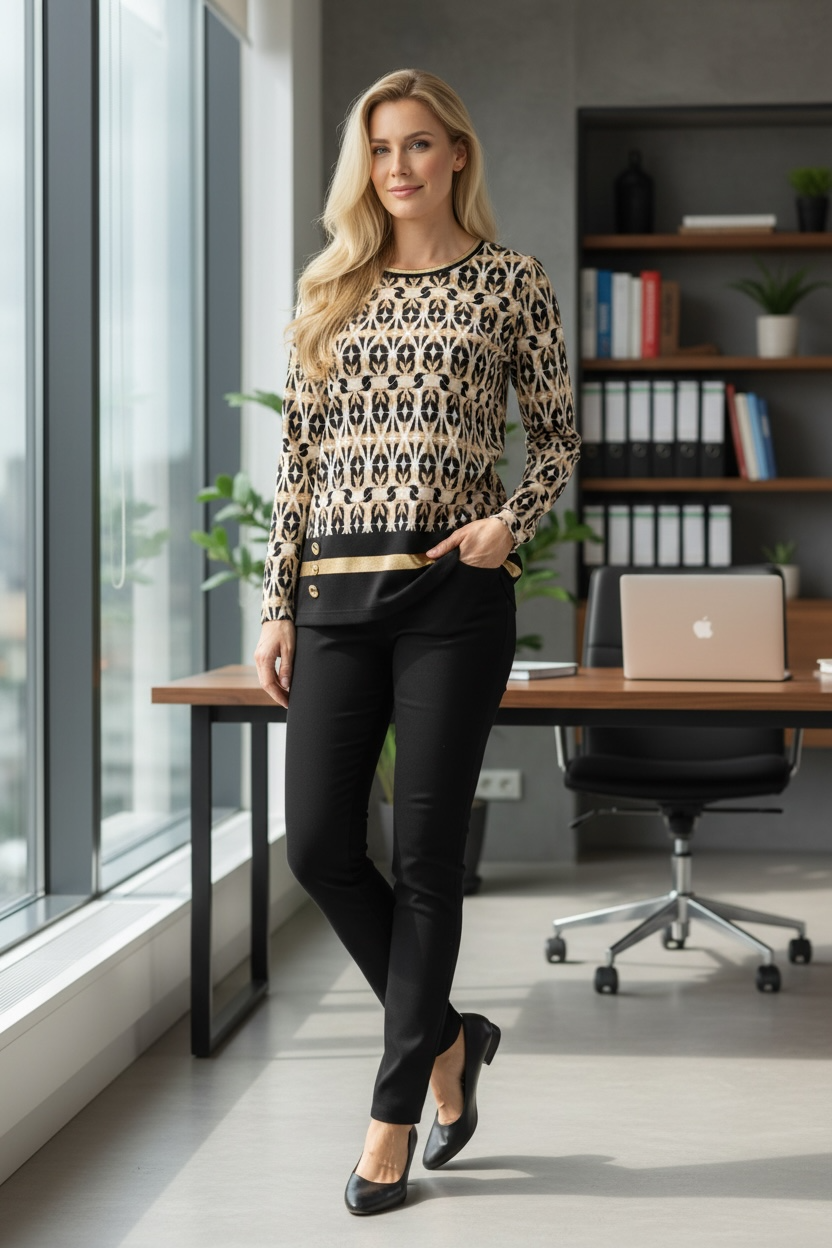 Elegantna majica z zlatimi detajli (vzorec roža)