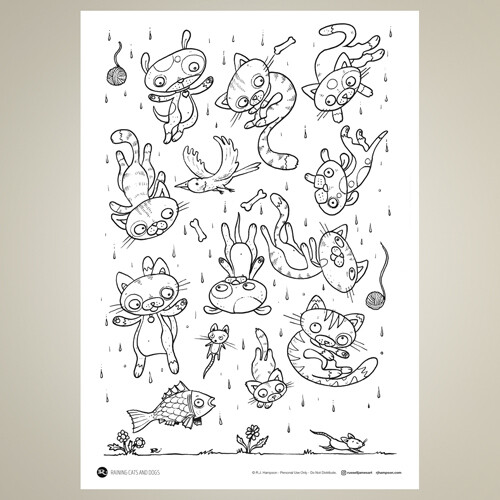 Raining Cats and Dogs Coloring Sheet