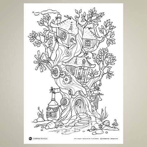 Steampunk Treehouse Coloring Sheet
