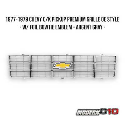 1977-1979 Chevy C/K Pickup Premium Grille OE Style - w/ Foil Bowtie Emblem - Argent Gray -