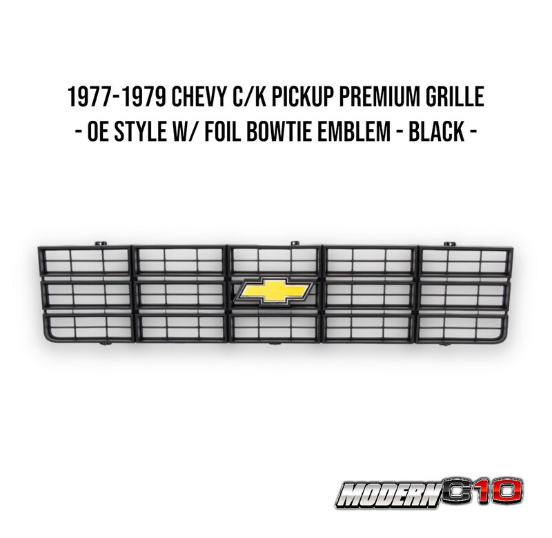 1977-1979 Chevy C/K Pickup Premium Grille - OE Style w/ Foil Bowtie Emblem - Black -