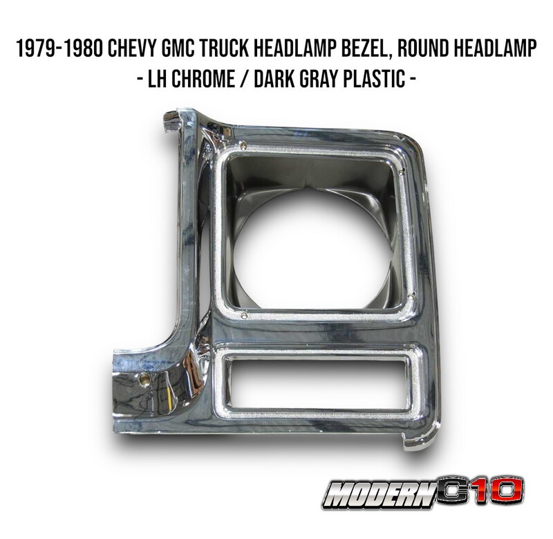 1979-1980 Chevy GMC Truck Headlamp Bezel, Round Headlamp - LH Chrome / Dark Gray Plastic -