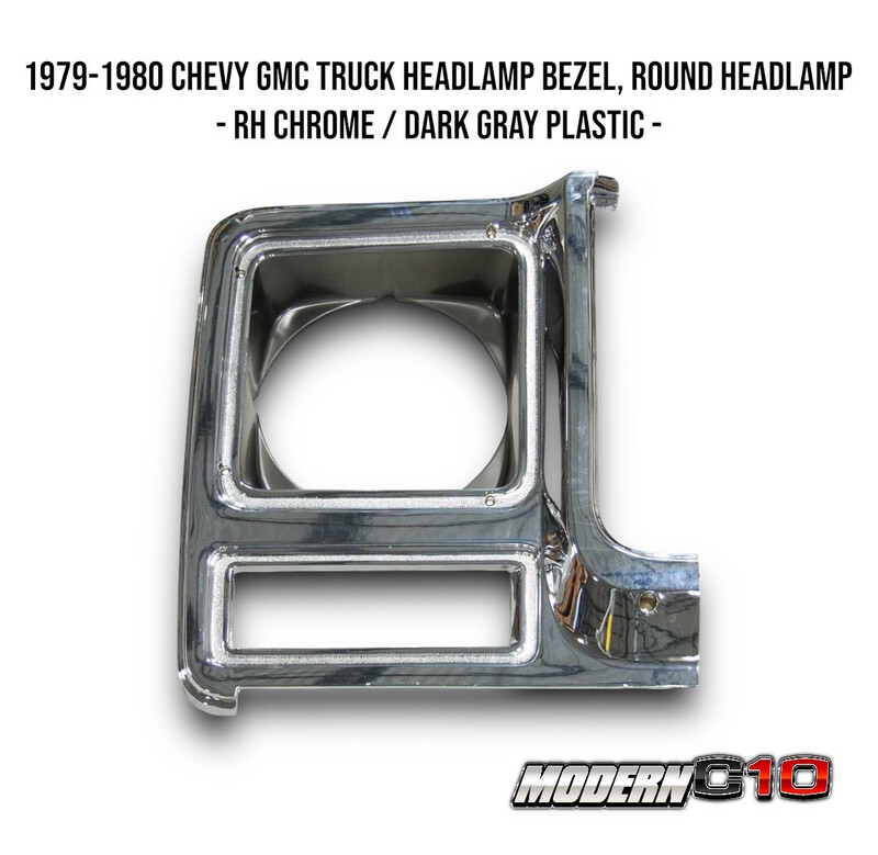 1979-1980 Chevy GMC Truck Headlamp Bezel, Round Headlamp - RH Chrome / Dark Gray Plastic -