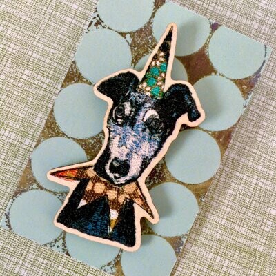 Party Lurcher Wooden Pin Brooch