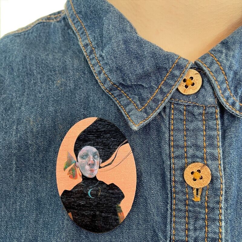 Moon Gazer Wooden Pin Brooch