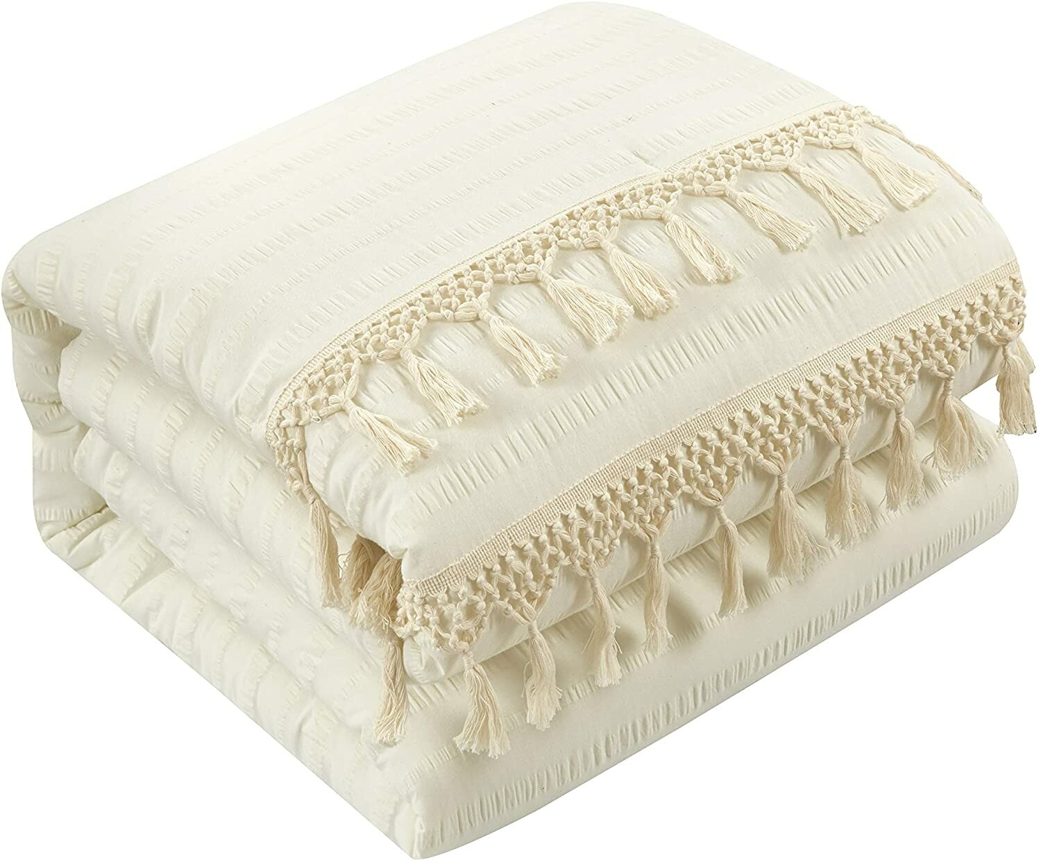 American Kids Ava Comforter Set, Twin, White cream blanket bedding, with  fringe.