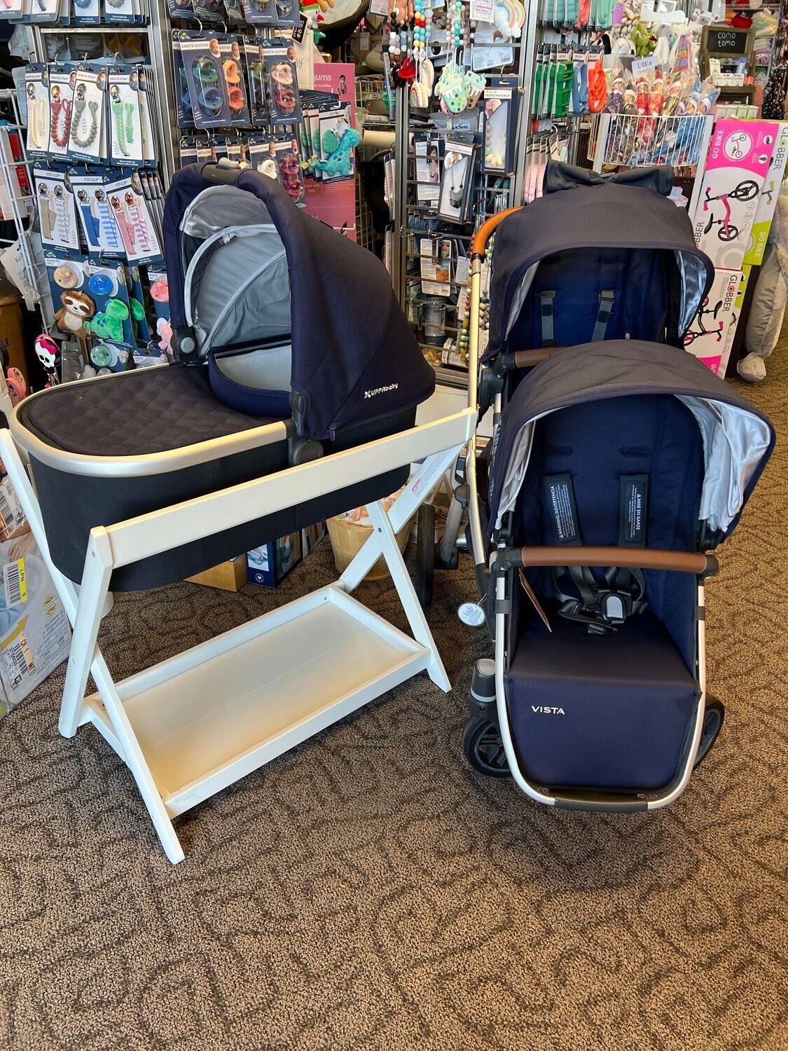 Refurbished Navy Taylor Uppababy Vista Double Stroller with black bassinet.  Pick up ONLY in Westminster, CO