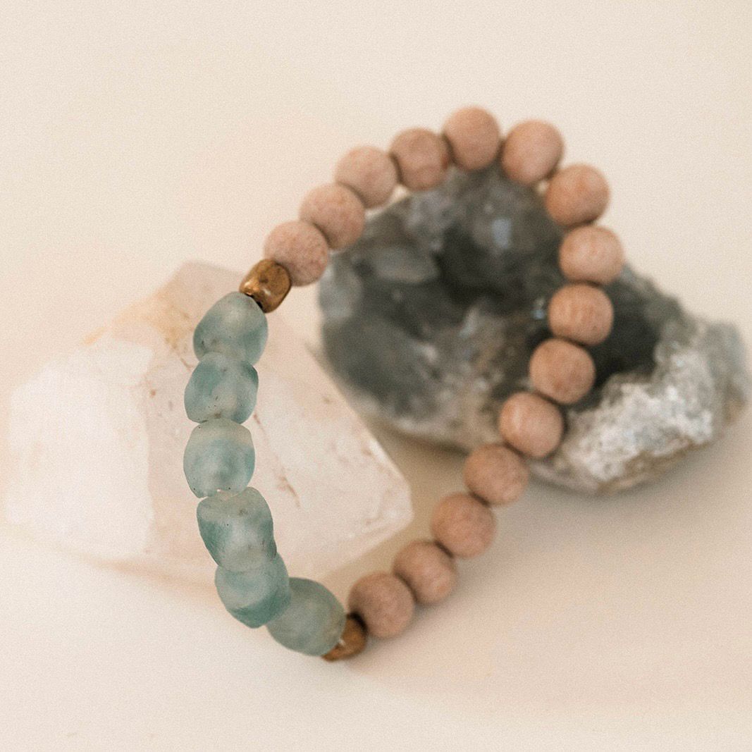 Blue Sea Glass + Rose Wood