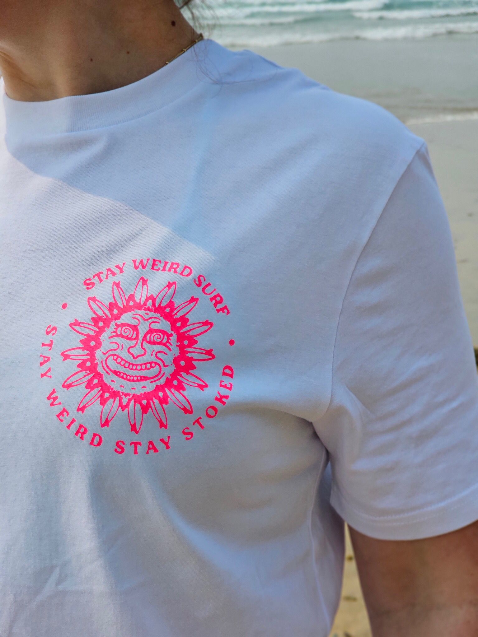Stay Weird Surf  Fluoro Pink Ink Surfboard Supernova  Tee - Unisex 100% Organic Cotton