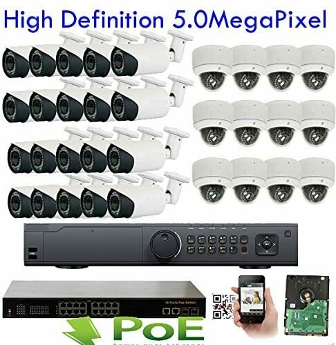 Amview 32Ch Network H.264 NVR 1920P 5MP 2.8-12mm Varifocal LDome & Bullet PoE IP Outdoor Onvif Security Camera
