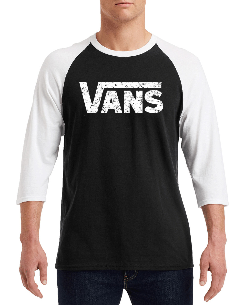 VANS White Distress Logo Gildan G570 3/4 Sleeve Shirt