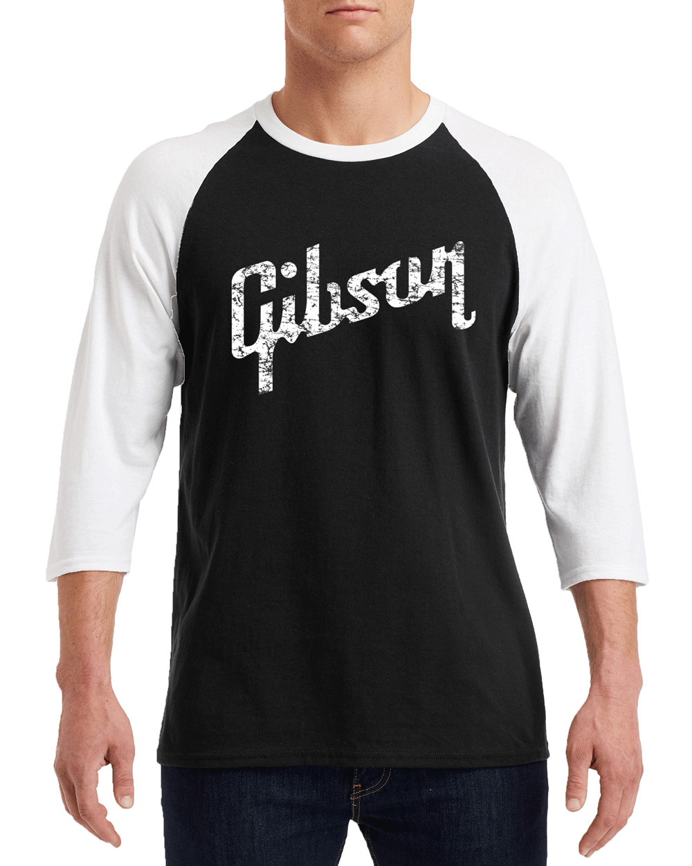 GIBSON GUITARS White Logo Gildan G570 3/4 Sleeve Shirt "FREE SHIPPING" USA