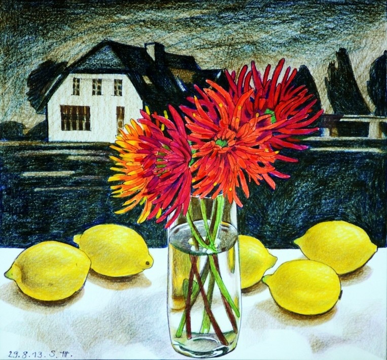 Репродукция на фотобумаге "Георгины и лимоны"