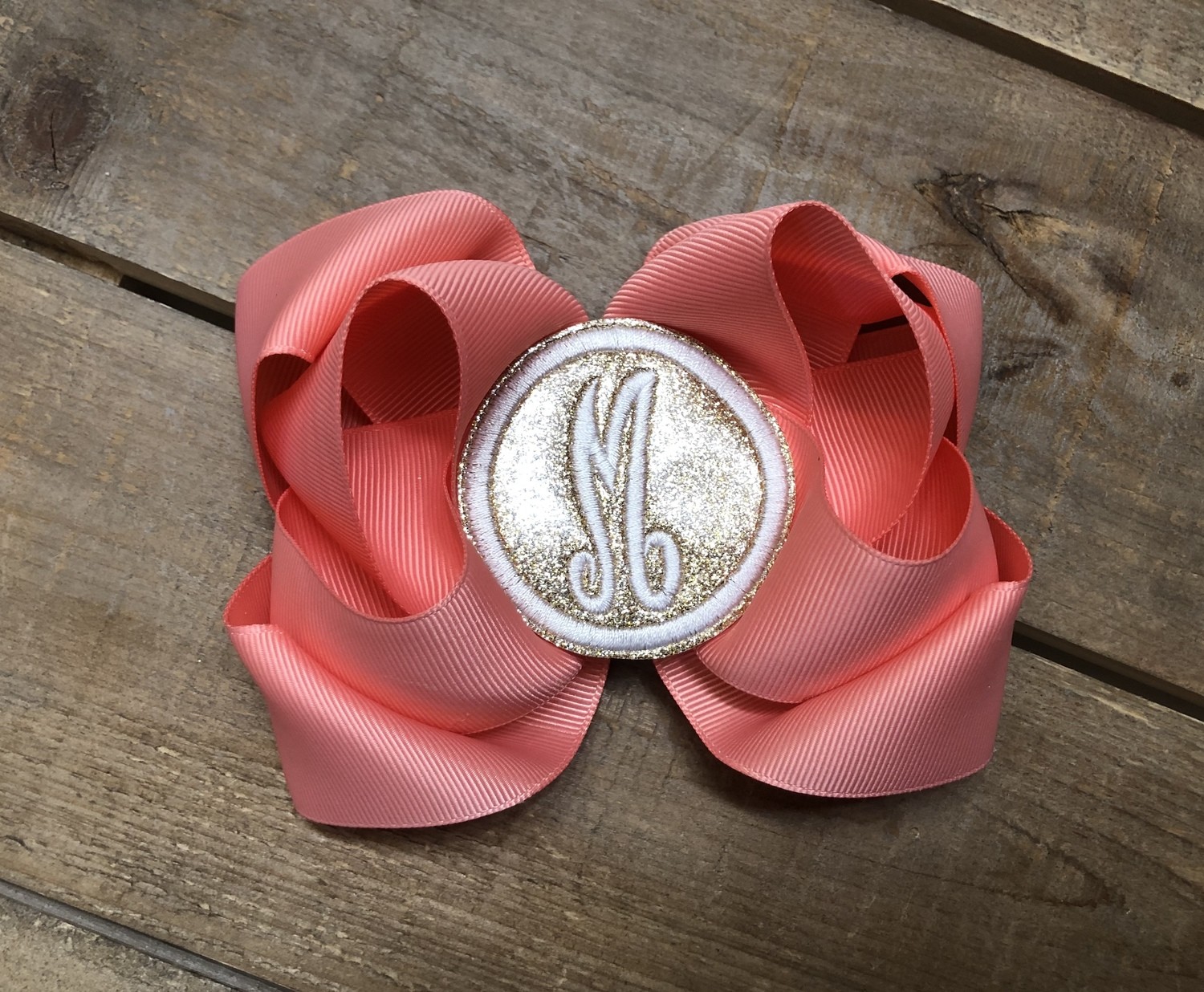 Coral and Gold Monogram Bow