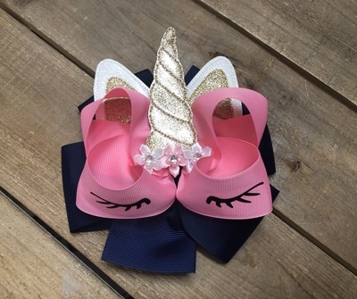 Navy and Pink Unicorn Hair Bow